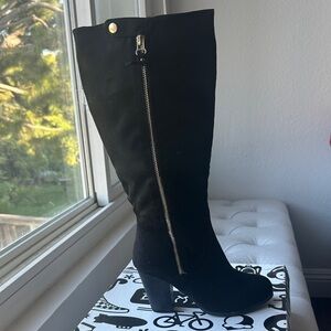 BAMBOO Black Mid-Calf Heeled Boots with Gold Hardware
